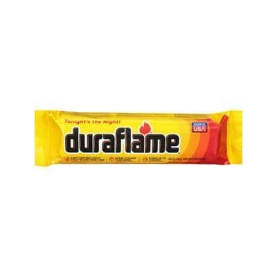 A yellow, red and orange package of a single duraflame 6lb firelog on a white background.