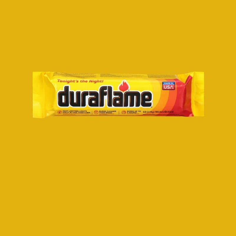 A package of a single duraflame 6lb firelog on a yellow background.