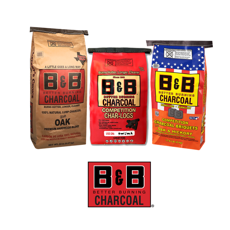 Three bags of b & b charcoal and the B&B Charcoal logo on a white background