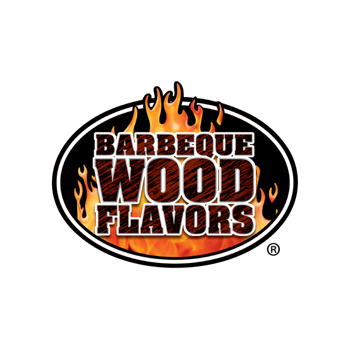 A logo for barbeque wood flavors with flames on a white background.