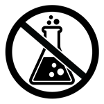 No chemicals: Icon of a flask with bubbles, crossed out by a diagonal line within a circle, Char-logs are made from real wood charcoal