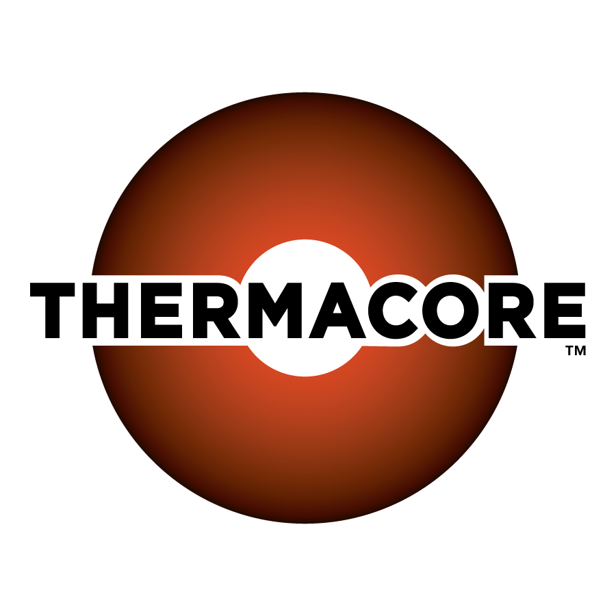 Thermocore logo: Black circle with smaller white circle in the center like a char-log, a high heat charcoal
