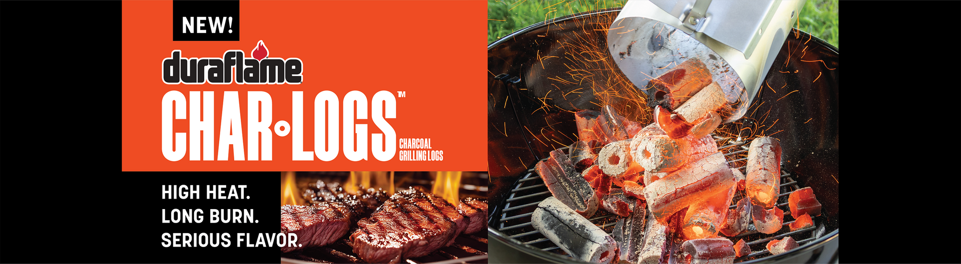 Duraflame Char-Logs, showing steaks on a grill and charcoal logs pouring into another grill, orange and black.