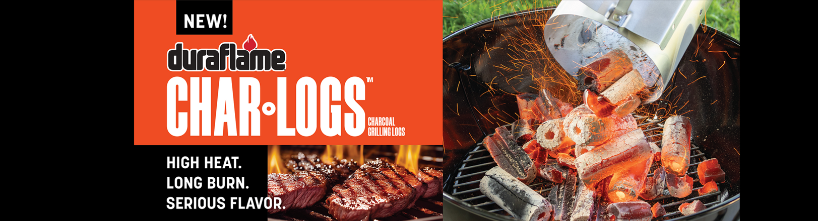 Duraflame Char-Logs, showing steaks on a grill and charcoal logs pouring into another grill, orange and black.