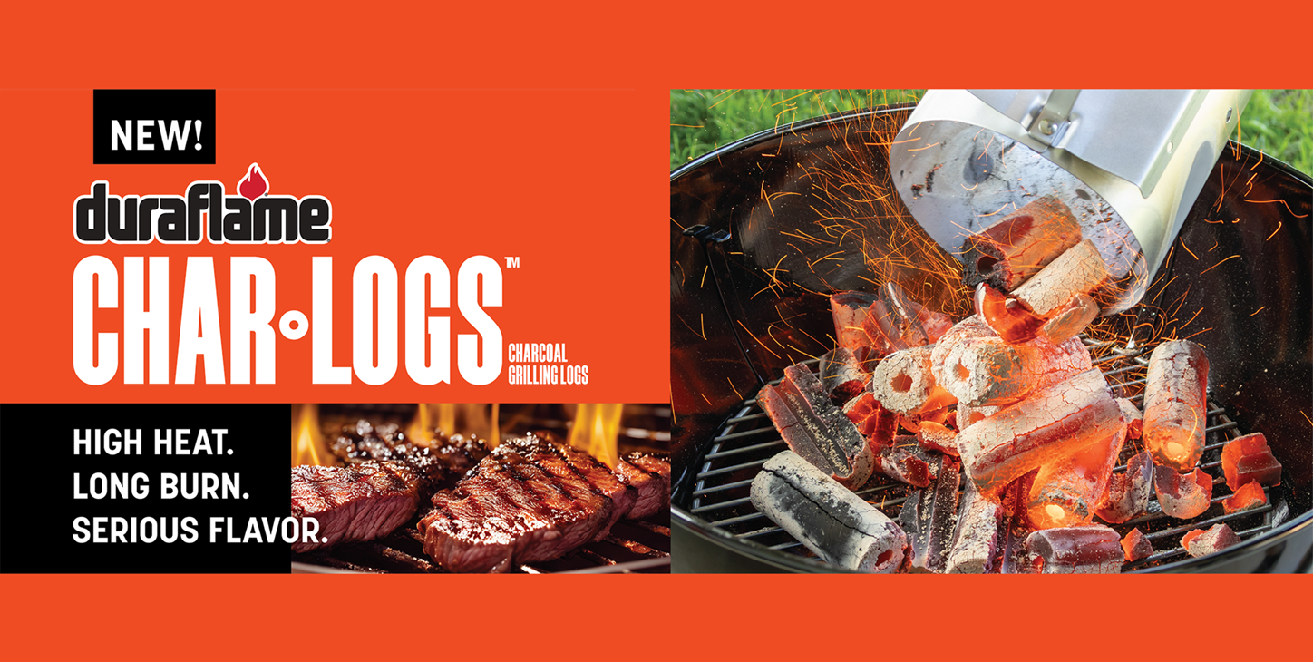 Duraflame Char-Logs, showing steaks on a grill and charcoal logs pouring into another grill, orange and black.