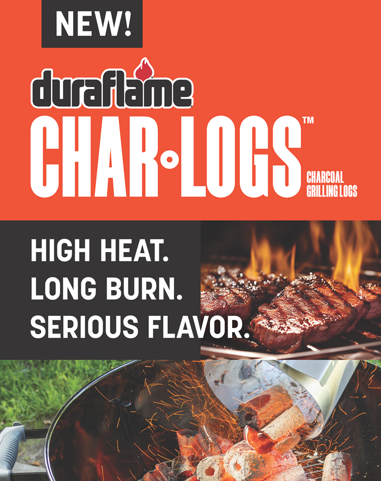 Duraflame Char-Logs, showing steaks on a grill and charcoal logs pouring into another grill, orange and black.