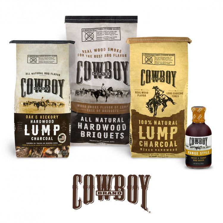 Three bags of cowboy brand charcoal and a bottle of Cowboy barbecue sauce with the Cowboy Charcoal logo