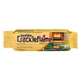 A wood grain package of a single duraflame crackleflame firelog on a white background