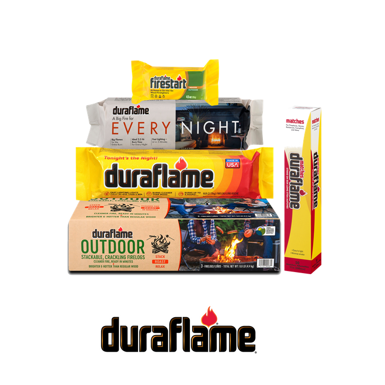 Various duraflame products stacked on top of each other.