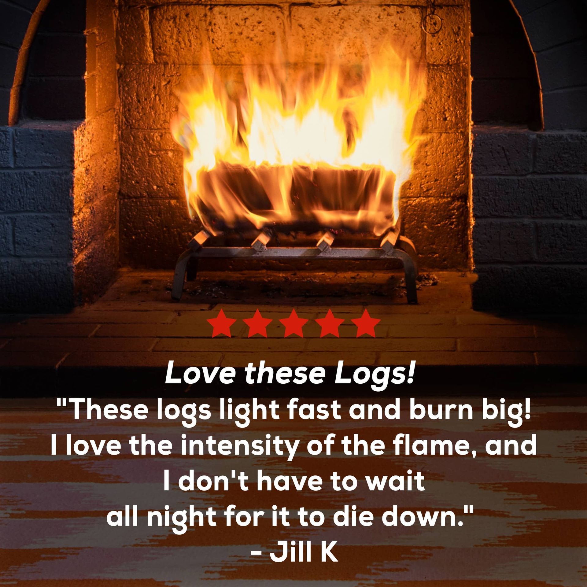 A picture of a duraflame log burning in a fireplace with a quote from a happy duraflame customer
