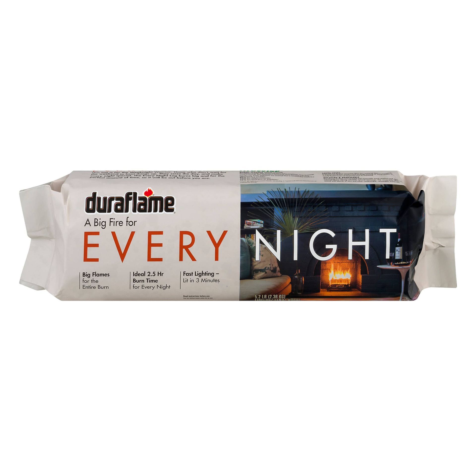 A silver package of a single duraflame every night firelog on a white background.