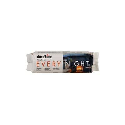 A silver package of a single duraflame every night firelog on a white background.