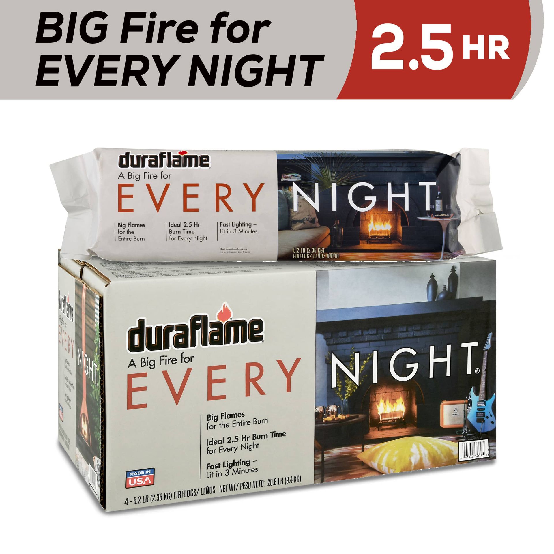 A firelog and case of duraflame every night 2.5 hr firelogs