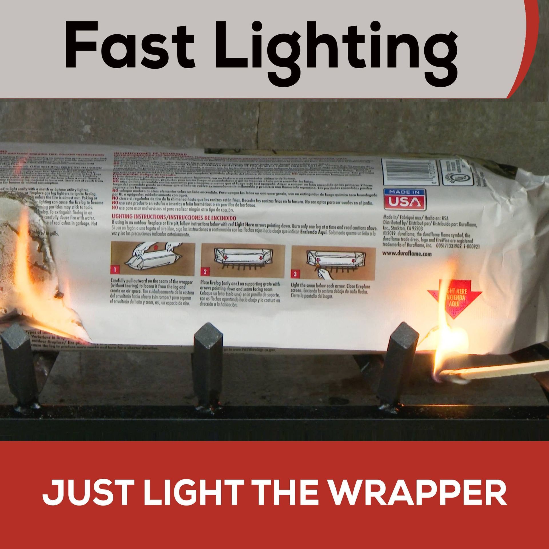 The back of a duraflame every night fire log showing instructions with a lit match lighting the lighting strip of the packaging