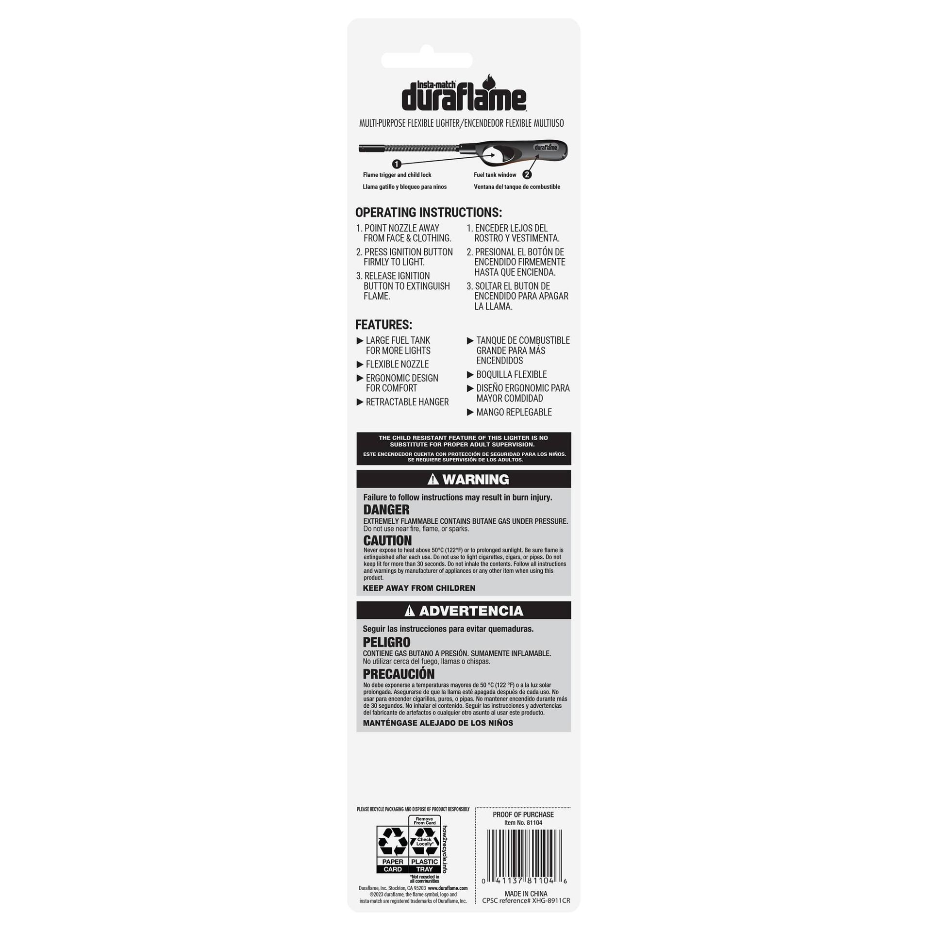 The back of a package of a duraflame flex neck lighter