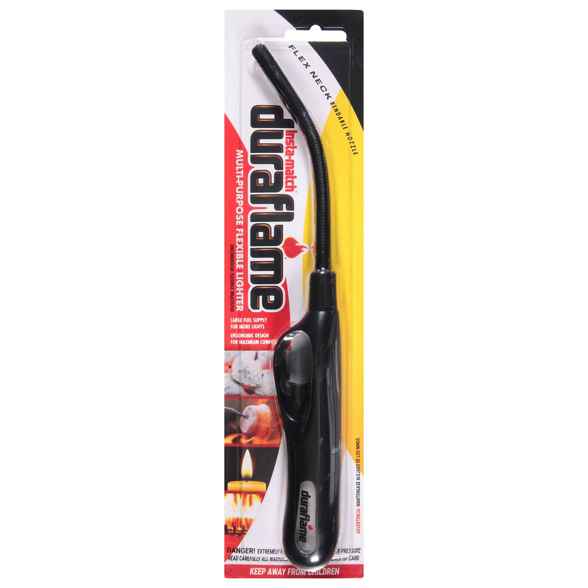 A dualflame flexible lighter with a curved neck in a package on a white background