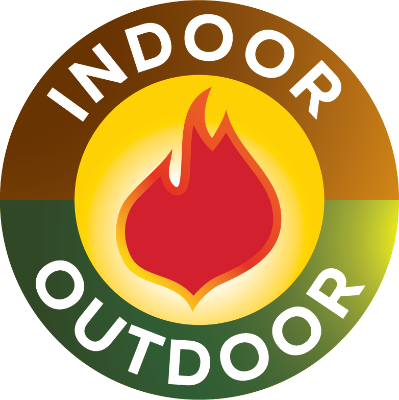 A logo for indoor outdoor with a duraflame brand flame logo in the center