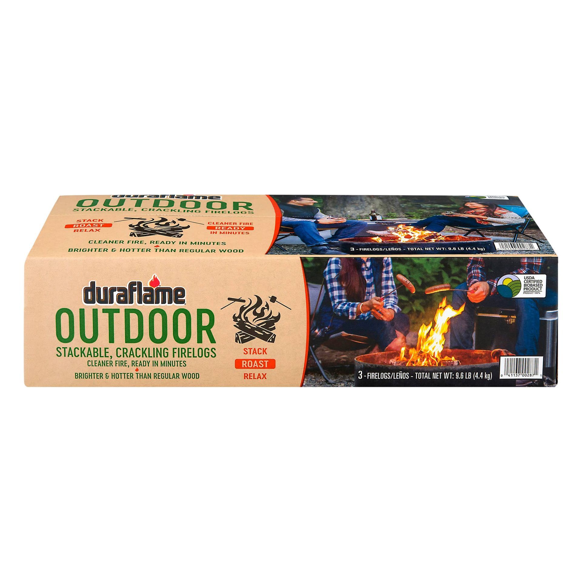 A case of duraflame OUTDOOR firelogs is on a white background.