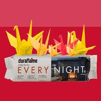 Duraflame fire log with origami cranes, text