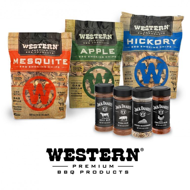 Western premium bbq products assortment of bbq smoking chips &  jack daniels rubs and spices with the Western logo