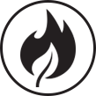 A black and white icon of a fire with a leaf in a circle.