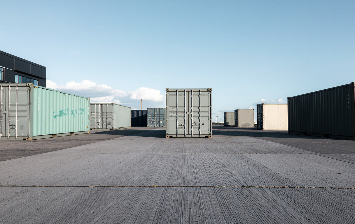 Shipping containers arranged on an asphalt yard under a clear blue sky.