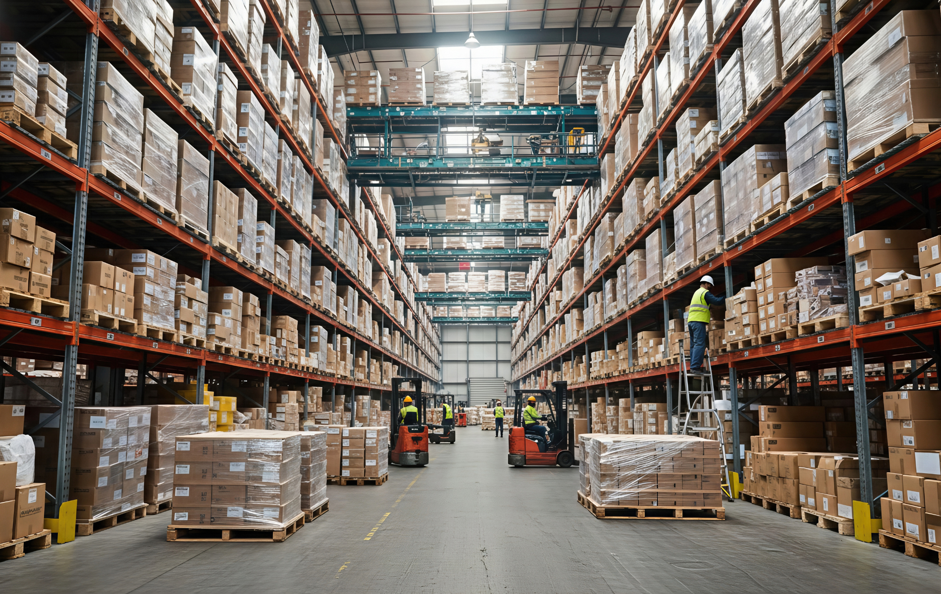 A high-ceiling warehouse aisle with tall racks filled with cardboard boxes, two forklifts, and a worker on a ladder.
