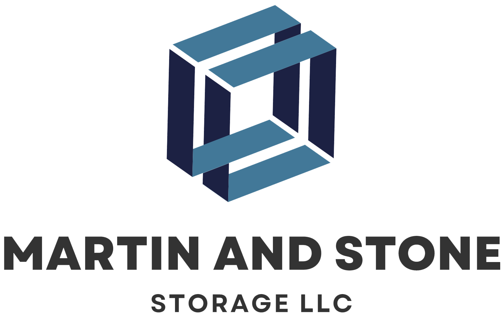 Logo for Martin and Stone Storage LLC featuring a geometric, blue-toned interlocking square icon above company text.