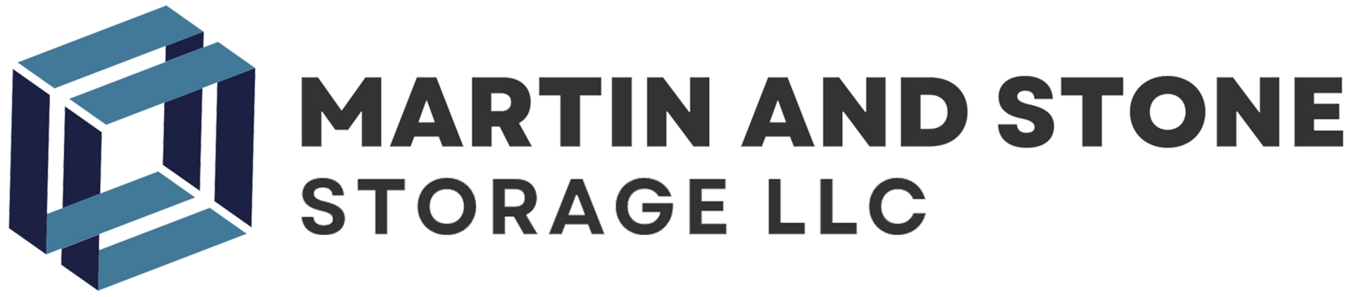 Logo for Martin and Stone Storage LLC featuring a geometric blue and dark blue cube icon next to the company name.