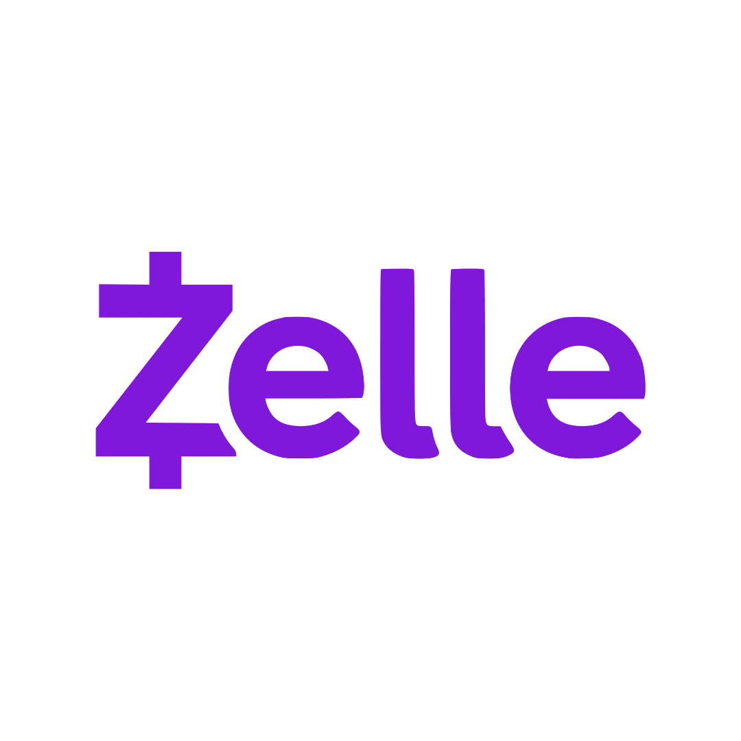 The logo for zelle is purple and white on a white background.