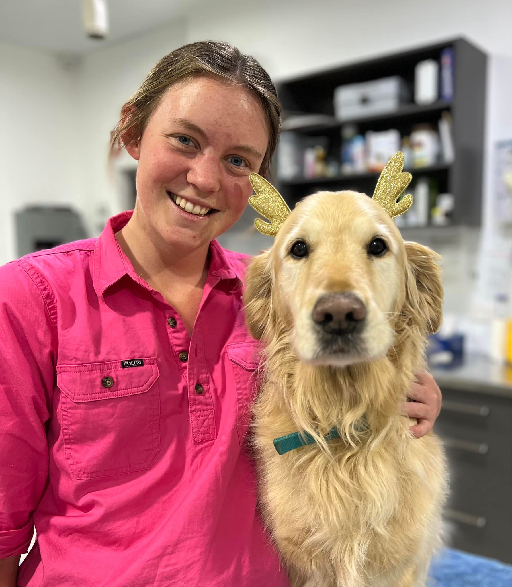 Woman in pink shirt smiles with a golden retriever wearing reindeer antlers in a vet clinic.