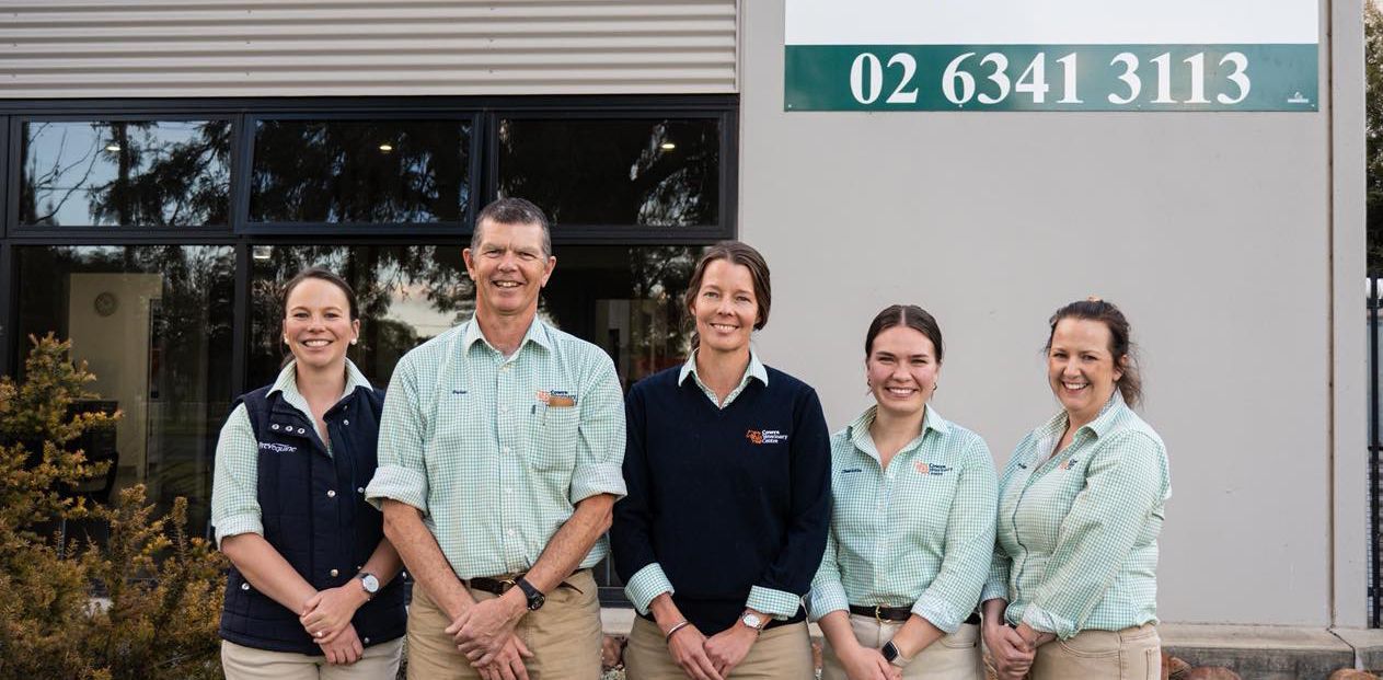 A group of five people standing outside a building with the phone number 02 6341 3113 on a sign.