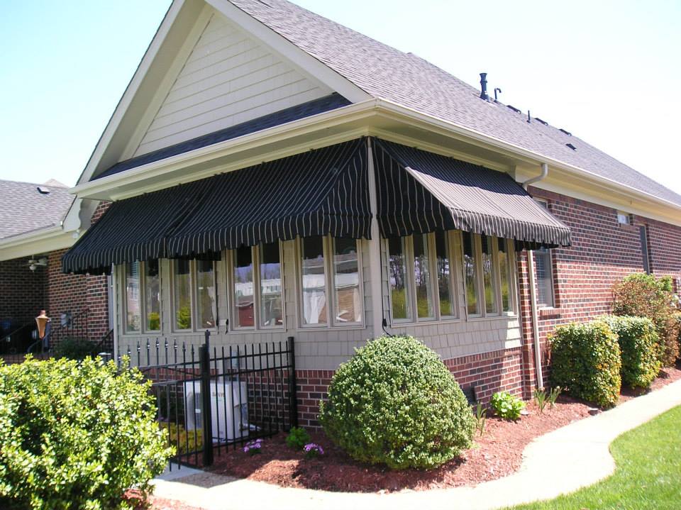 House with Black Striped Awnings — Norfolk, VA — Hustead's Canvas Creations