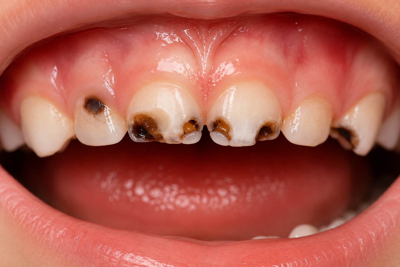 Close-up of child’s teeth with severe brown cavities and black decay on front teeth