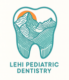 Logo for Lehi Pediatric Dentistry: Tooth-shaped outline with mountains and sun inside. Teal and orange.