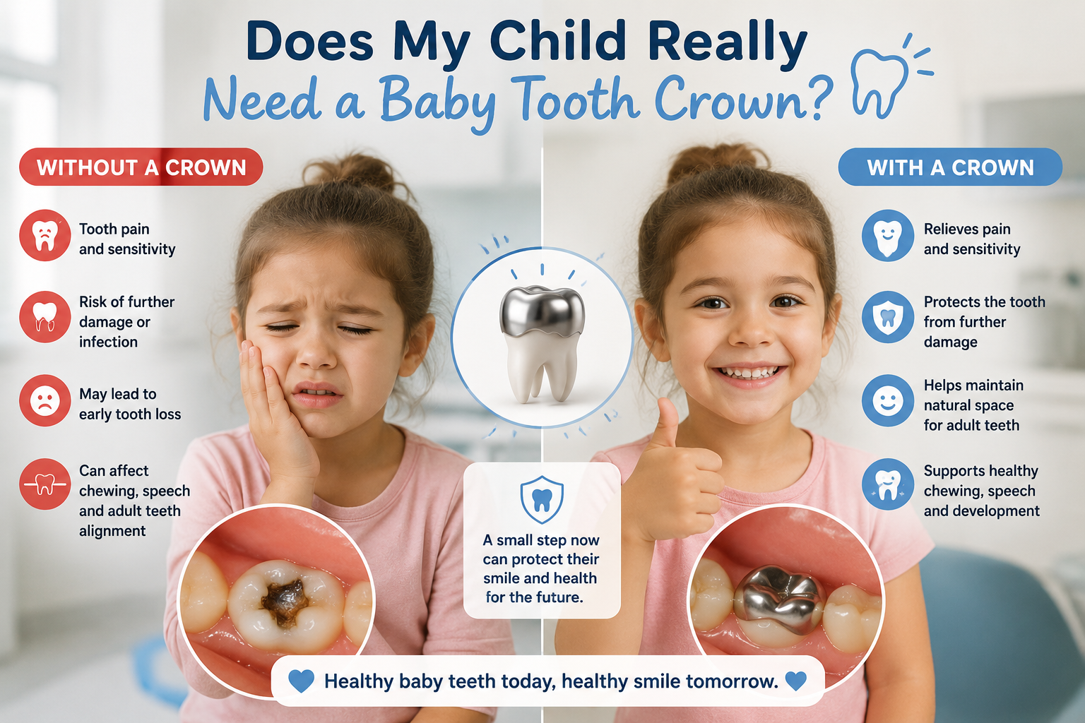 Infographic comparing a child with tooth pain and a child smiling beside a baby tooth crown.