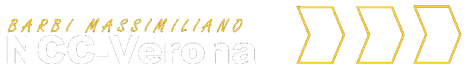 Logo per Barbi Massimiliano NCC-Verona con testo bianco e oro e tre simboli a forma di freccia dorata.