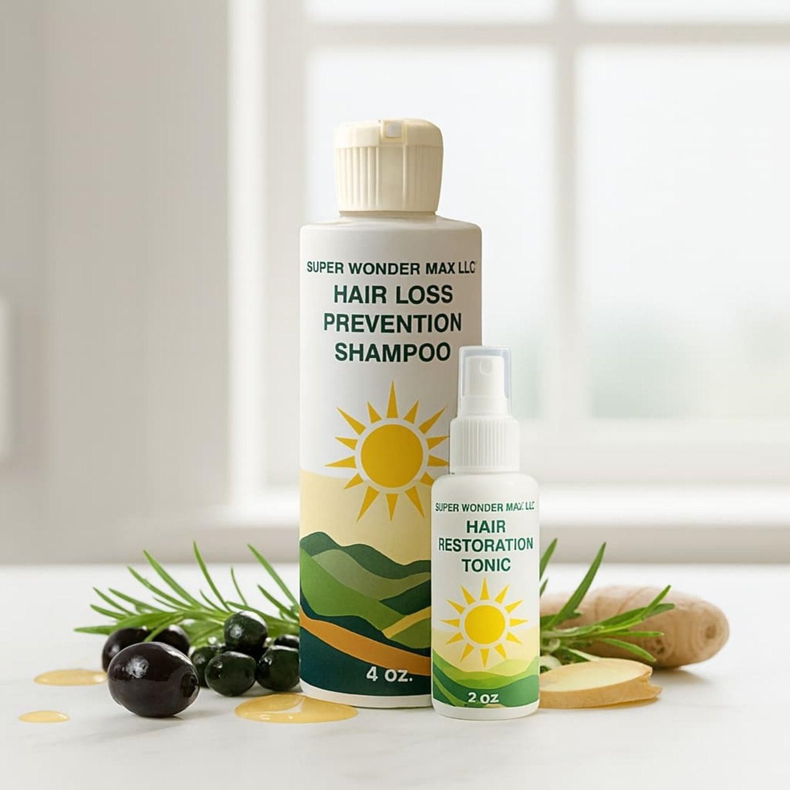 Hair loss prevention shampoo and restoration tonic bottles.