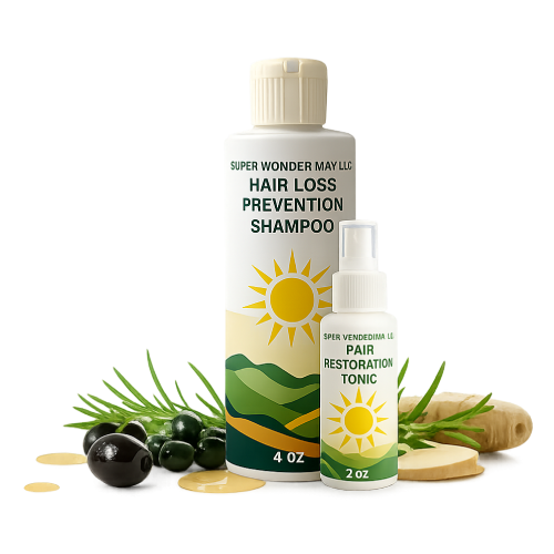 A bottle of hair loss prevention shampoo and a bottle of hair restoration tonic.