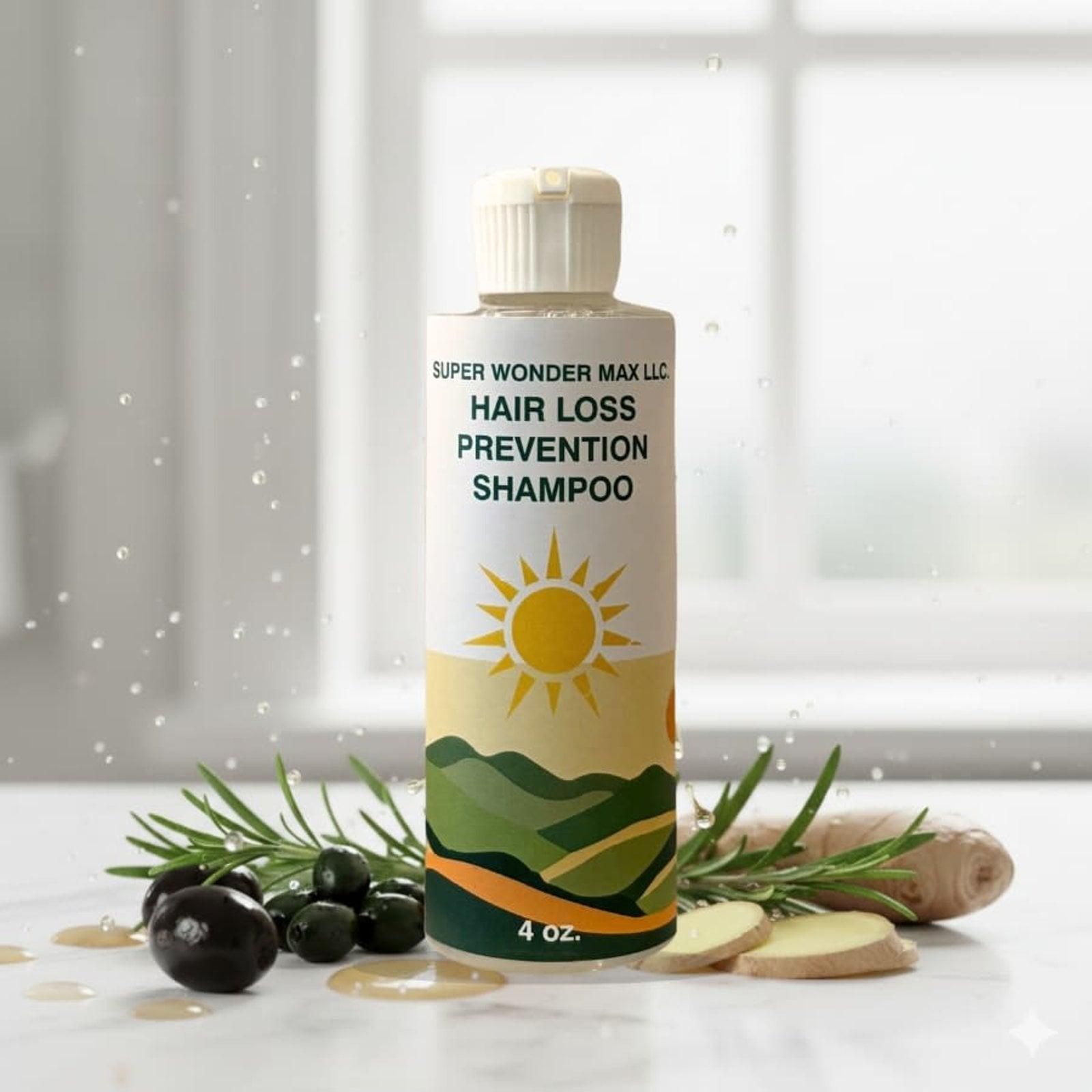A bottle of Super Wonder Max hair loss prevention shampoo.