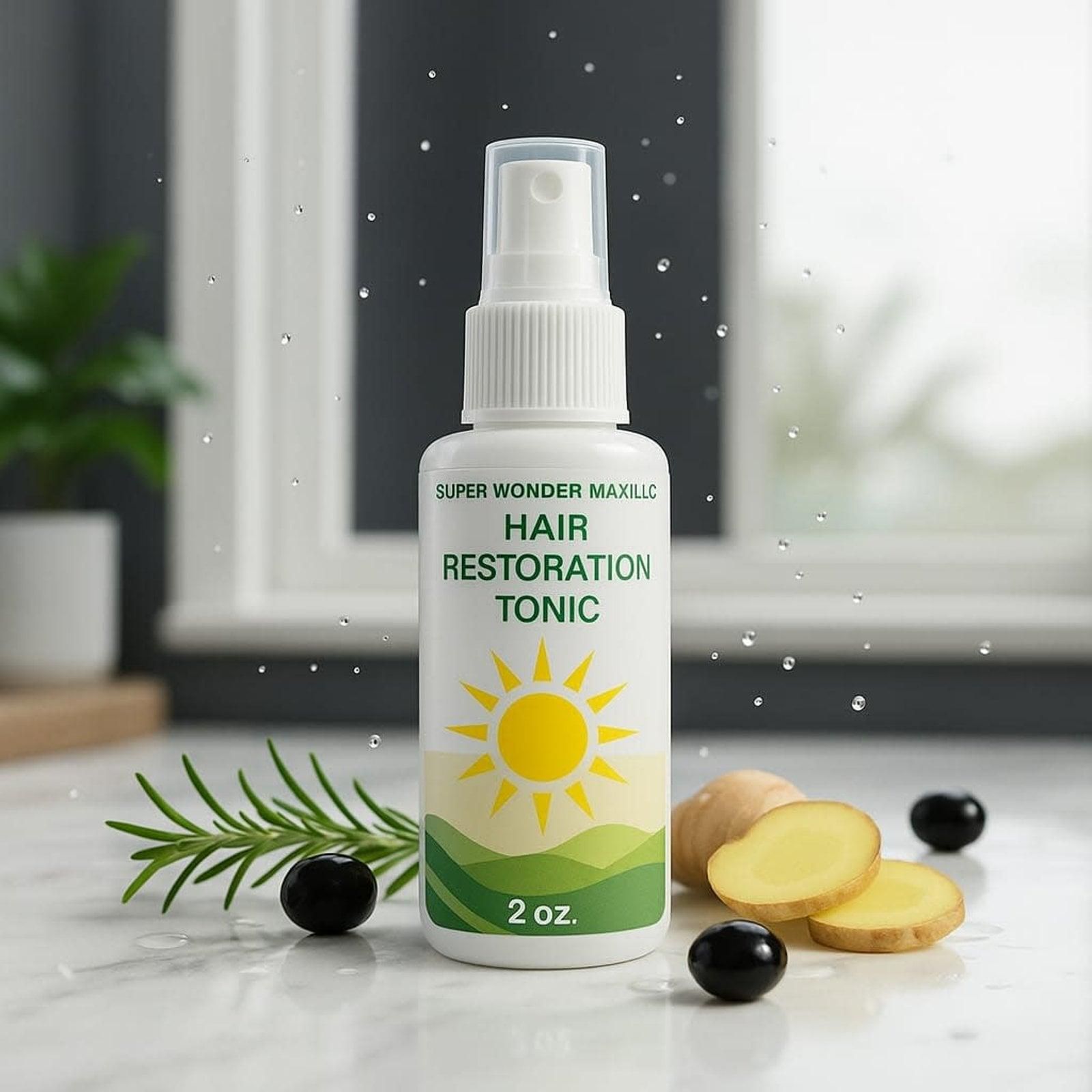 A bottle of Hair Restoration Tonic.