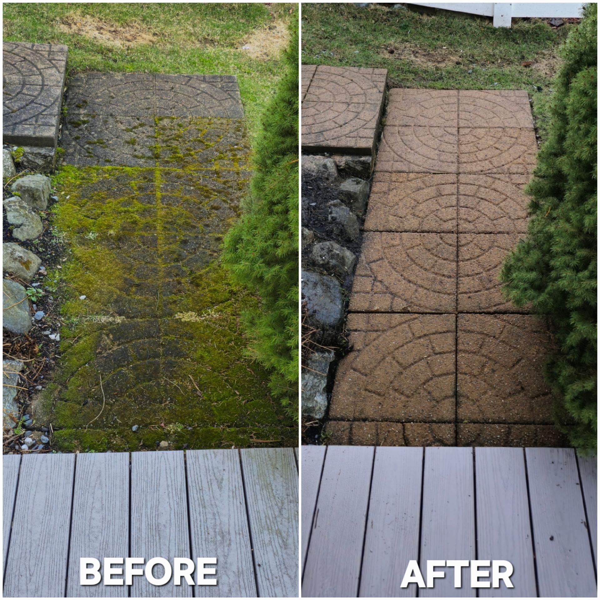 A before and after photo of a walkway with moss on it.