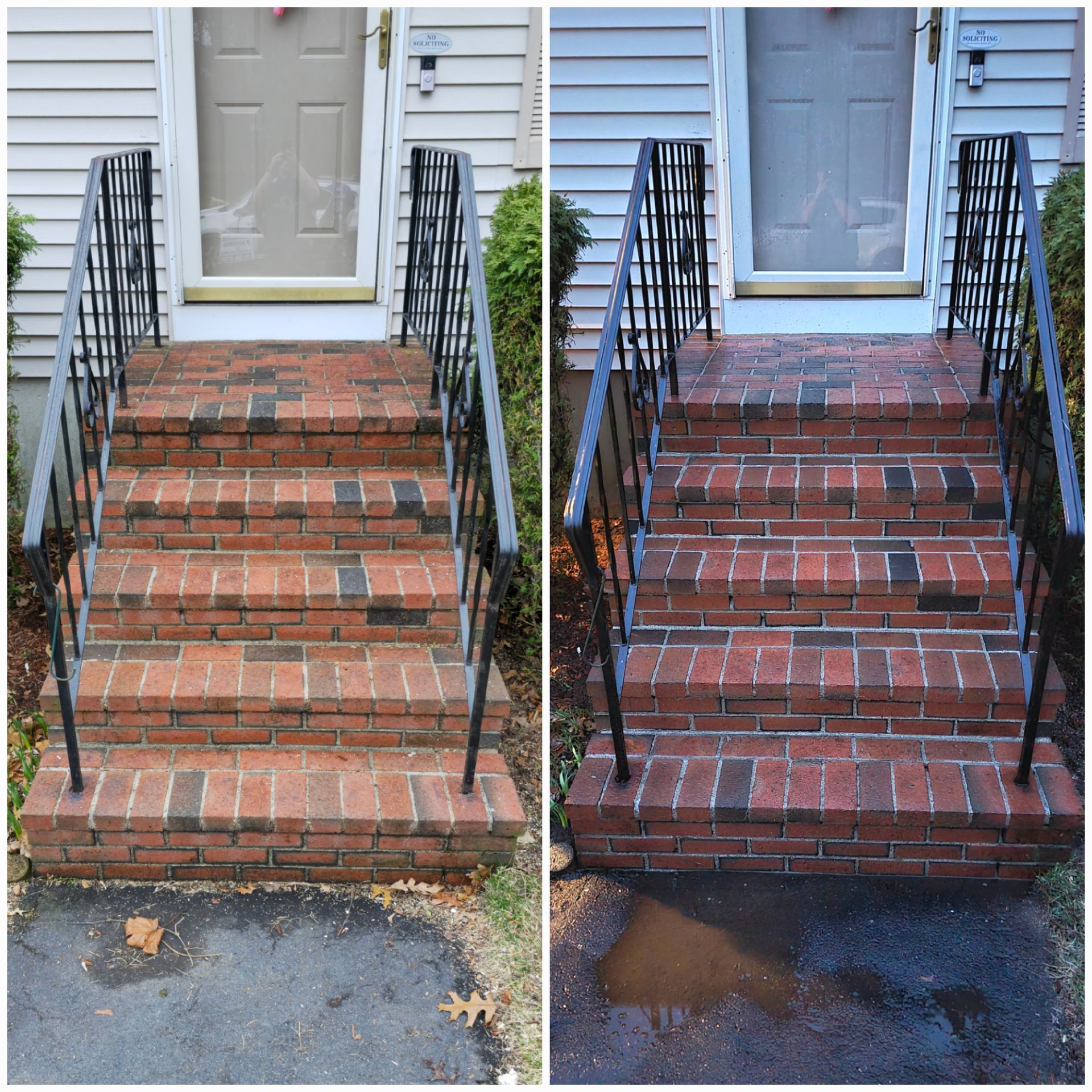 A before and after photo of a brick staircase