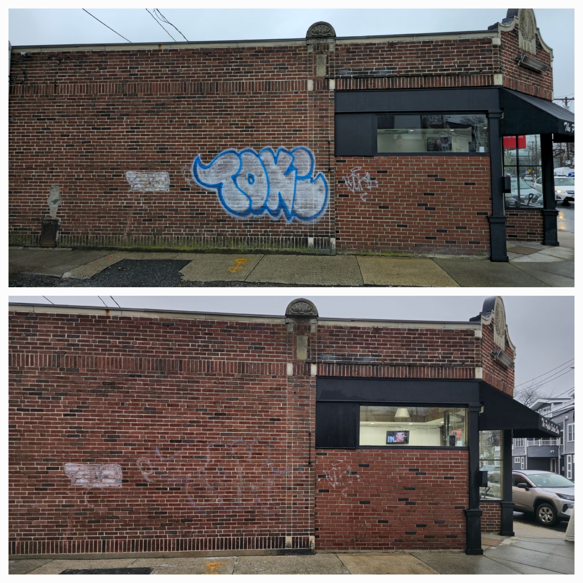 A before and after photo of a brick building with graffiti on it