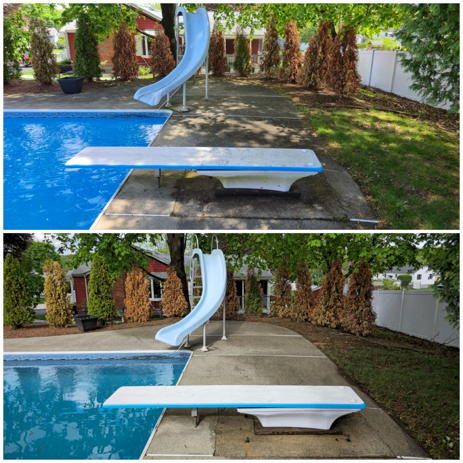 A before and after photo of a diving board next to a pool.