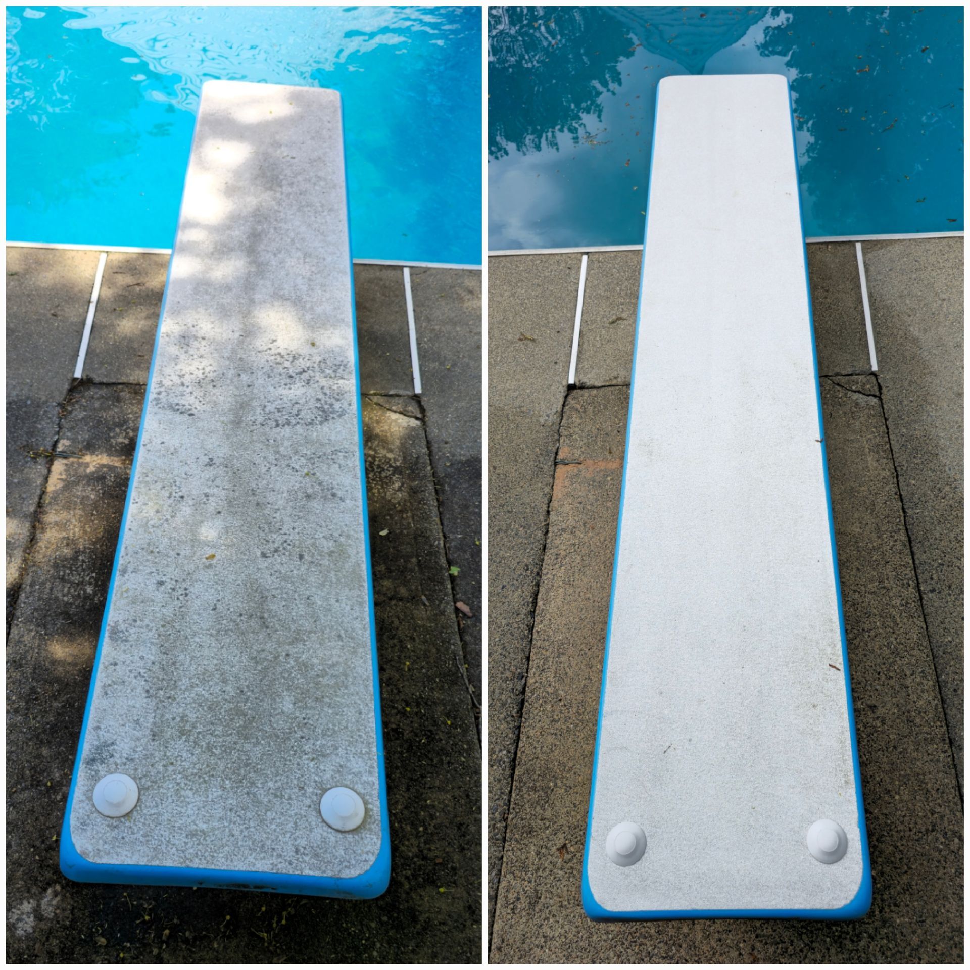 A before and after picture of a diving board next to a pool.