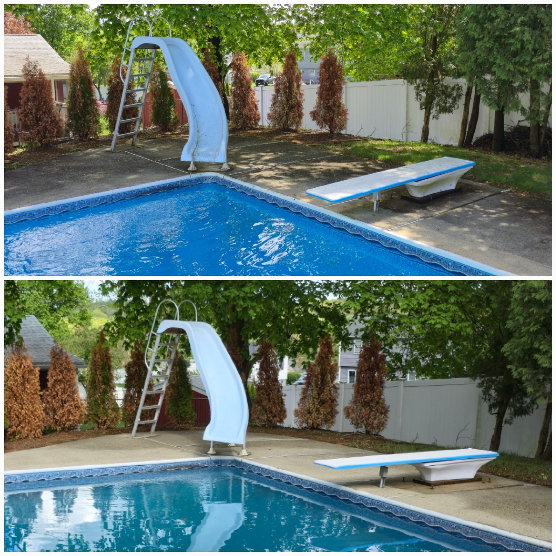 A before and after picture of a swimming pool