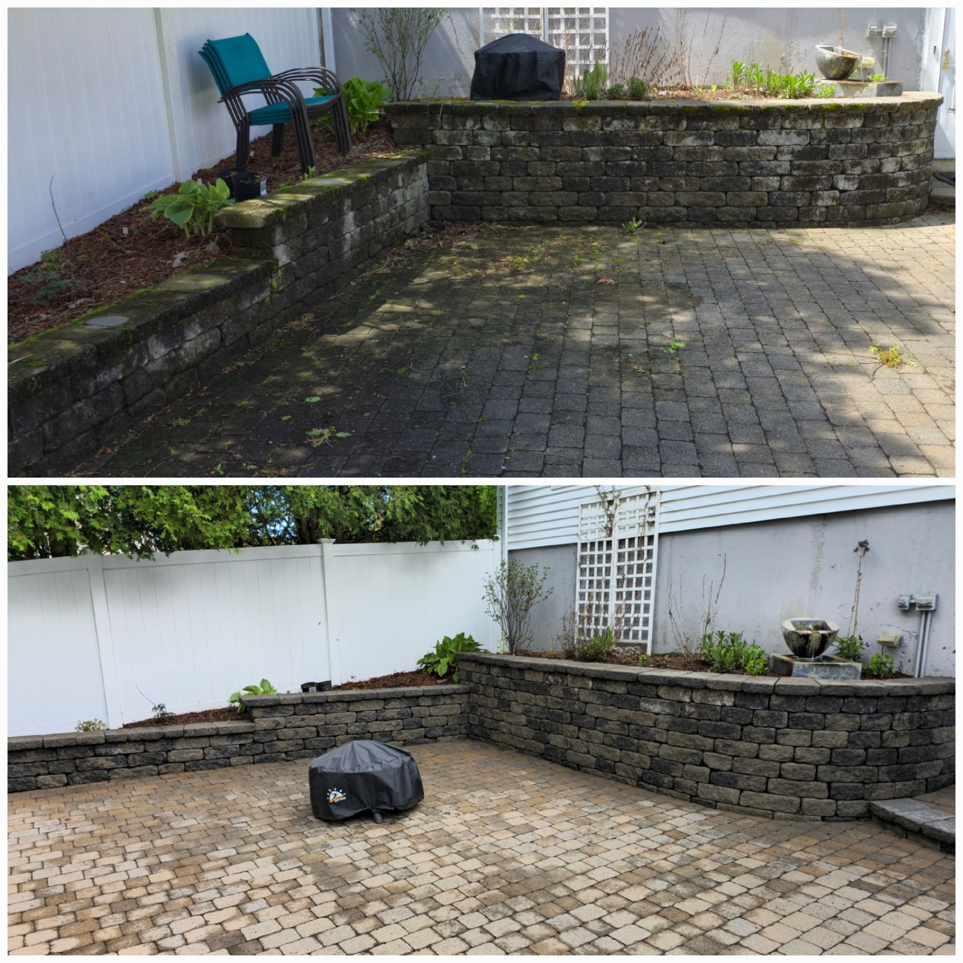 A before and after photo of a brick patio