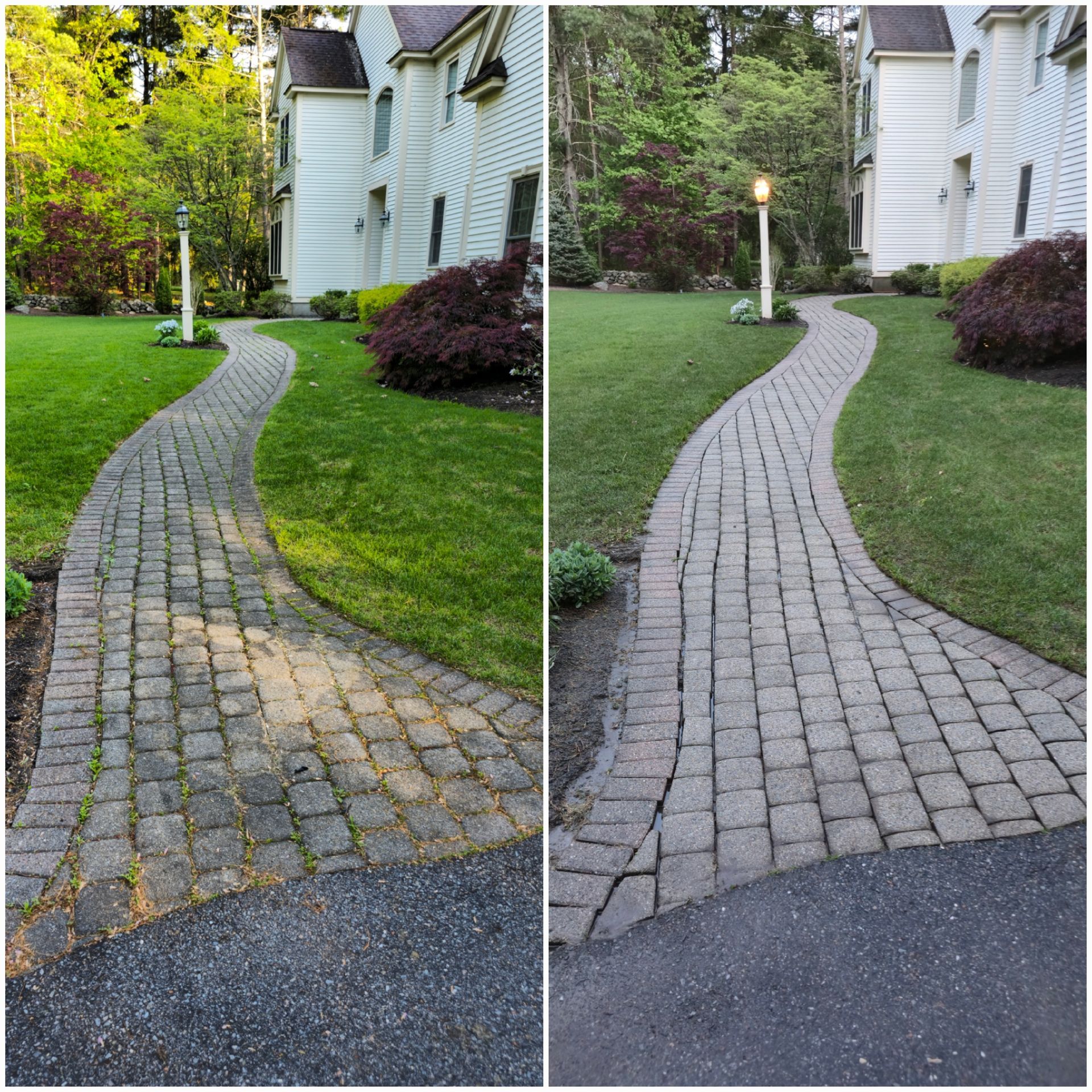 A before and after photo of a brick walkway in front of a house.