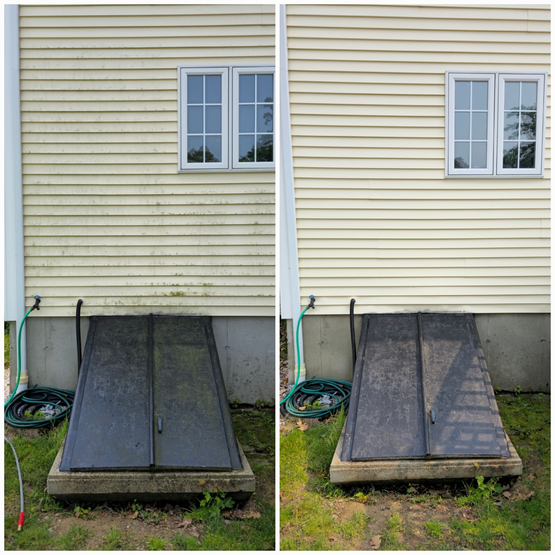 A before and after photo of a house 's siding being cleaned.